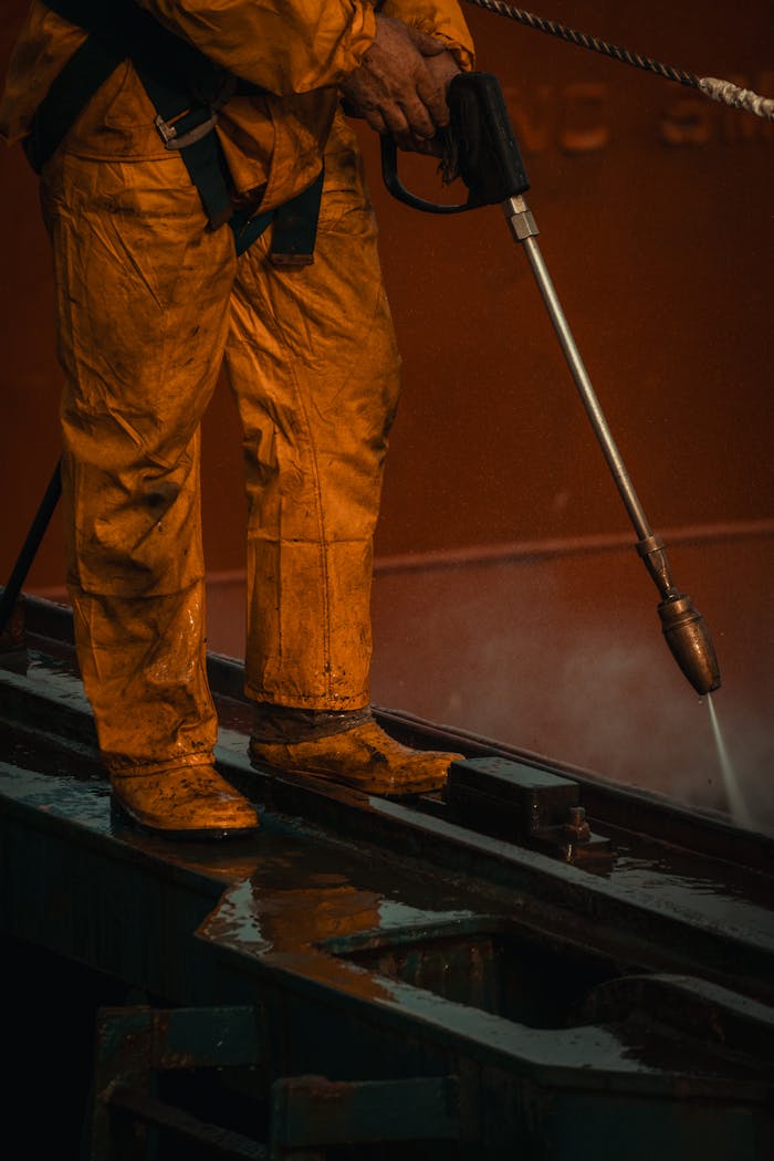 A worker in yellow safety gear uses a pressure washer on industrial equipment.